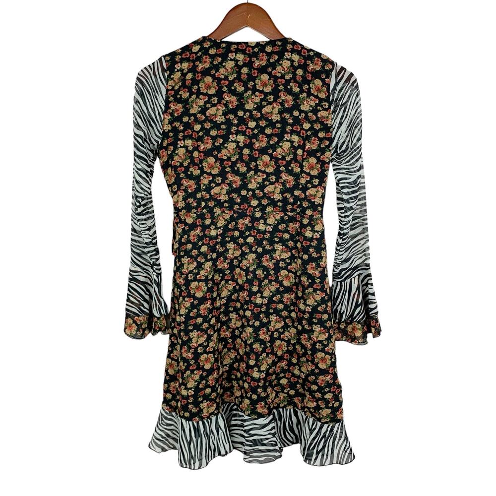 ASOS Design Wrap Mini Dress Zebra Dark Floral Bell Sleeve Ruffle Maternity 4 - Picture 8 of 12